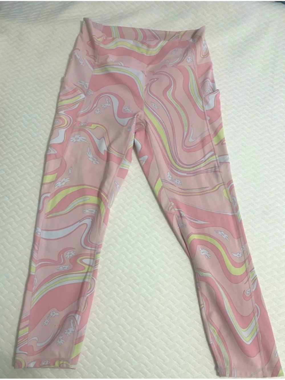 Fabletics Pink & White Swirl Active Leggings with Yellow Accents